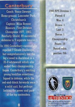1996 Card Crazy Authentics NPC Rugby Union Superstars #8 Canterbury Team Card Back
